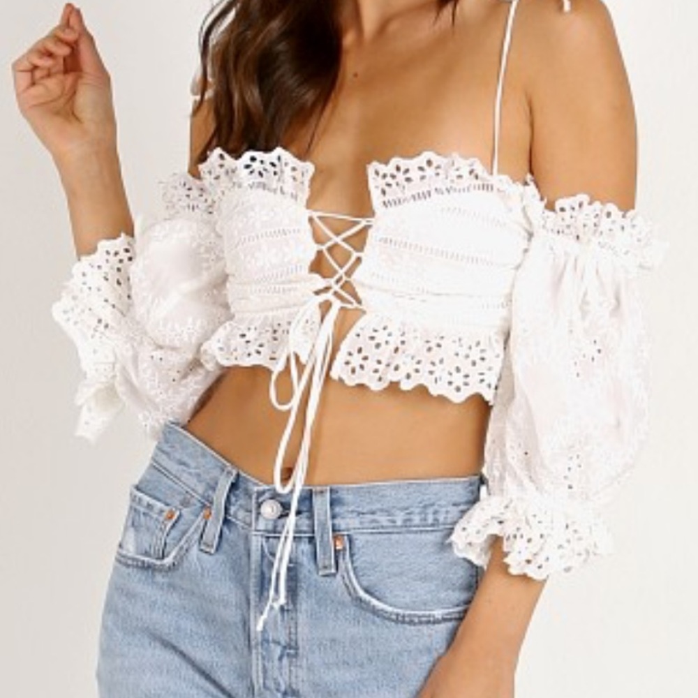 For Love & Lemons Anabelle Eyelet Crop Top White